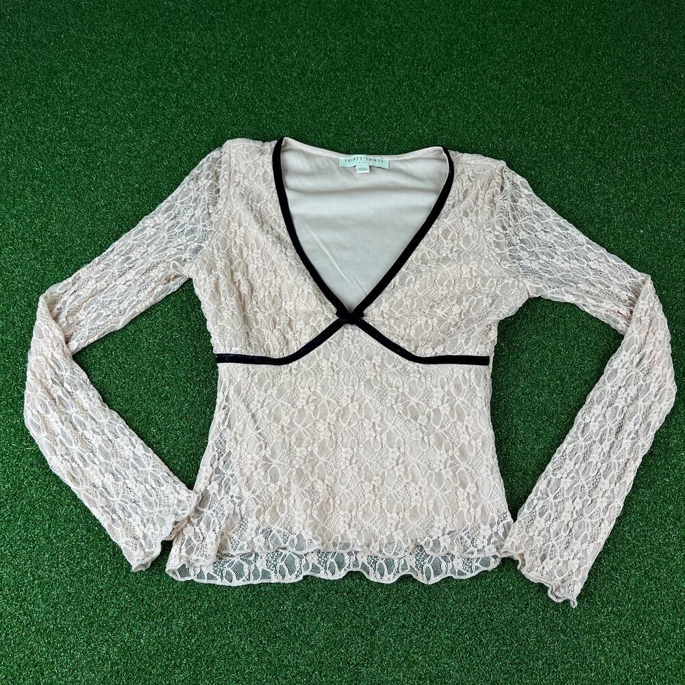 Thirty Thirty LA Cream Floral Long Sleeve V Neck Lace Top Sz XL